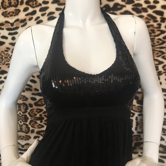 Plunging Neckline Black Sequin H & M Dress w/ Satin Le Chateau Bolero Jacket - Picture 7 of 15